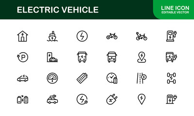 Electric Vehicle Line Icon Set. Modern, minimal, professional electric mobility line icon set showcasing EV technology, charging, battery, car, and sustainability concepts.