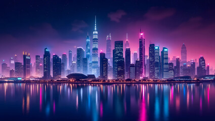 Fototapeta premium Neon Dreamscape Futuristic City Skyline Reflected Over Night Waters