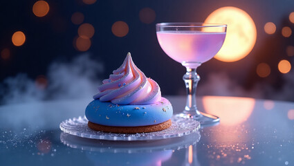 A captivating arrangement of a delicate, pastel-colored pastry and a beautifully presented cocktail, bathed in soft light, creating an atmosphere of indulgence and elegance.