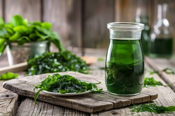 Freshly harvested kelp seaweed on rustic wood with glass bottles containing healthy chlorophyll extract in a food styling concept