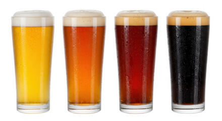 Four glasses of beer with different colors isolated on transparent background