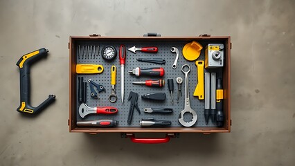 Organized toolbox displaying essential hardware items neatly arranged on a neutral background.