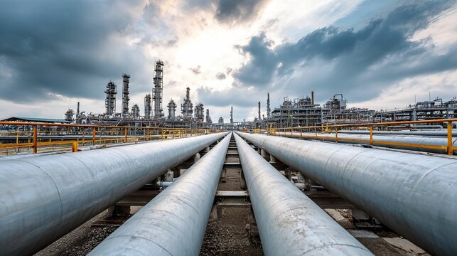 Industrial landscape, metal pipes converge on refineries under a cloudy sky