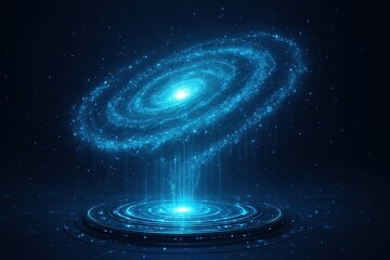 Futuristic holographic galaxy wallpaper with blue spiral star system glow