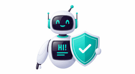 Illustration of a friendly robot holding a shield with a check mark for security assurance