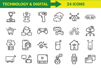 A modern collection of outlined digital technology icons showcasing innovative concepts of the digital era.
