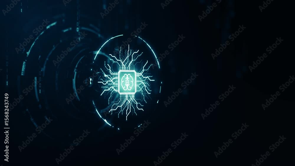 Poster futuristic ai concept with glowing brain circuitry and data network icons representing artificial in