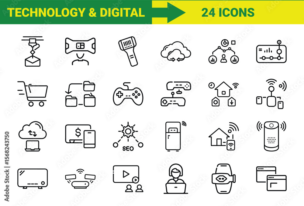 Poster collection of technology and digital icons representing modern concepts for web design and applicati