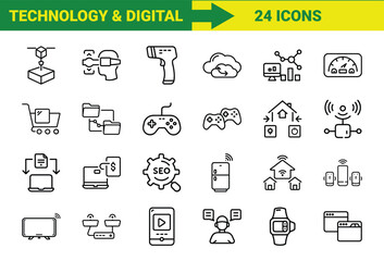 Collection of twenty-four modern technology and digital icons representing connectivity and innovations