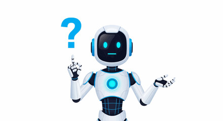 A curious robot with a question mark above its head in a thoughtful pose on a white background space