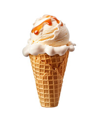 Vanilla ice cream cone with caramel sauce isolated on transparent background

