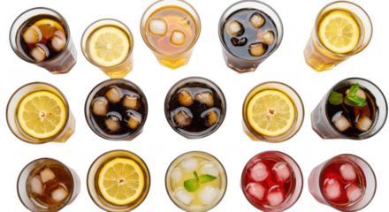 Assorted cold drinks with ice and citrus slices isolated on transparent background
