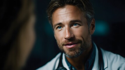 Doctor discussing a medical diagnosis with empathy in a clinical setting