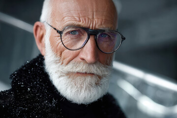 Elderly man with distinctive glasses and beard posing indoors with a confident expression