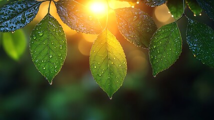 Dew-kissed leaves bathed in sunlight.