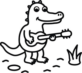 Fototapeta premium Musical Dinosaur Playing Ukulele in a Cartoonish Landscape Illustration