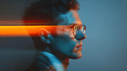 Profile of a man wearing glasses with orange light streak across his face in a blue tinted scene