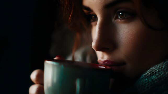 Woman sipping warm tea in contemplative moment - Powered by Adobe