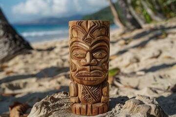 Handcrafted wooden tiki standing on a tropical beach with palm trees and turquoise water in the background