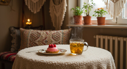 Cozy afternoon tea with raspberry mousse cake.  A glass cup of tea sits beside a delicate pink raspberry mousse cake on a small table, bathed in the soft light from a nearby window.