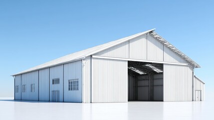 Large white metal building with open door against a clear blue sky