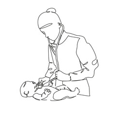 One continuous single drawing line art flat doodle child, doctor, stethoscope, hospital, listening, newborn, care, paediatrician. Isolated image hand draw contour on a white background, hand drawn, no