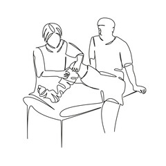 One continuous single drawing line art flat doodle man, leg, care, doctor, bandage, recovery, foot, medicine, gypsum. Isolated image hand draw contour on a white background, hand drawn, not AI