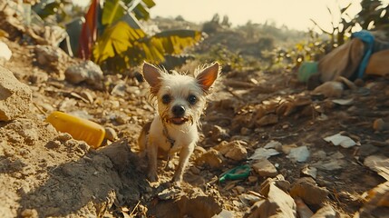Small white dog amidst debris.