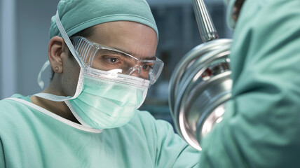 Precise Surgery: A close-up of a surgeon focused on intricate procedures, showcasing dedication in a sterile operation room.