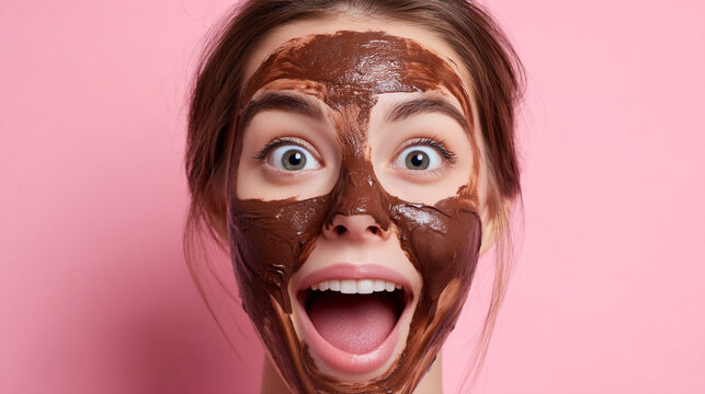 Woman with a chocolate facial mask looking surprised against a pink colored background close up shot