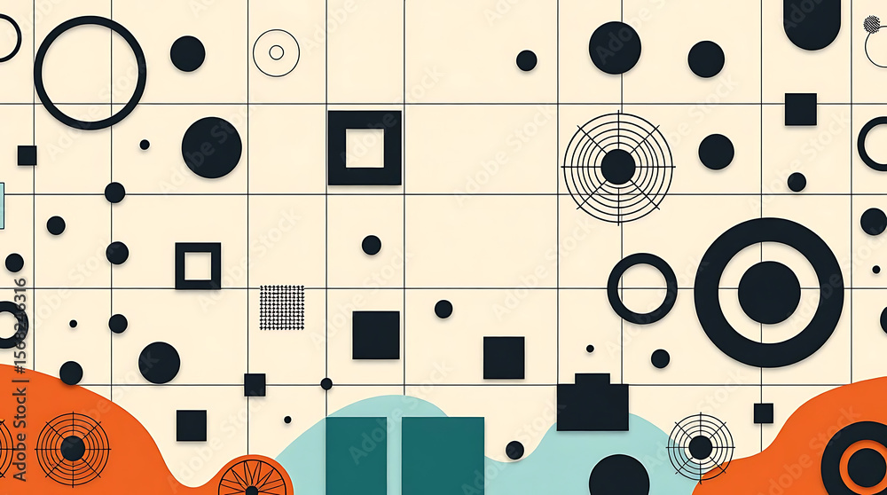 Poster circles, squares, and lines create a colorful abstract geometric pattern