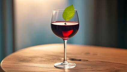 Glass of Red Wine with Leaf on Wooden Table – Warm Still Life with Natural Light


