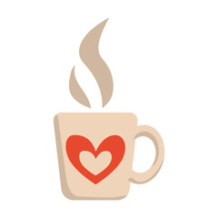 Vector illustration of hot drink with steam. Flat light mug with heart isolated on white background