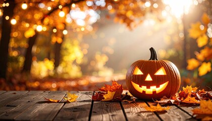 Illuminated pumpkin on wooden surface in autumnal scene