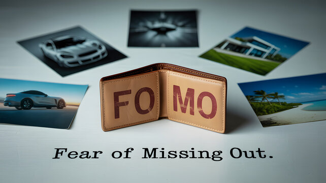 Open wallet with "FOMO" text and luxury lifestyle photos "Fear of Missing Out." text


