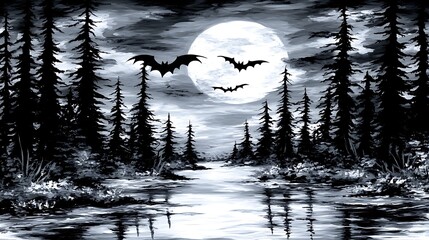 Moonlight scene of a tranquil forest beside a lake.