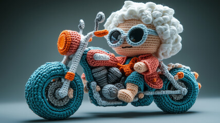 Whimsical crochet sculpture of an old lady on a motorcycle made of yarn