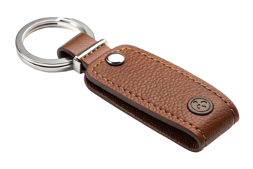 Brown leather keychain with silver ring and emblem isolated on a transparent background image