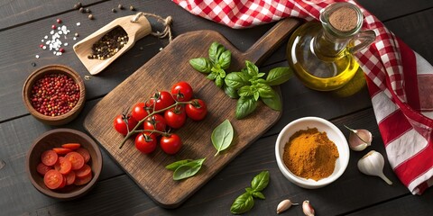 Fresh ingredients for Italian cuisine on a rustic wooden table top