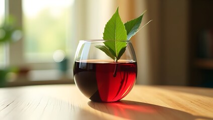 Glass of Red Wine with Leaf on Wooden Table – Warm Still Life with Natural Light

