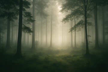Obraz premium Serene misty forest in the morning with sunlight rays and tall trees