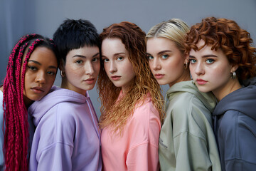 Fototapeta premium Five young women models posing together in studio photoshoot