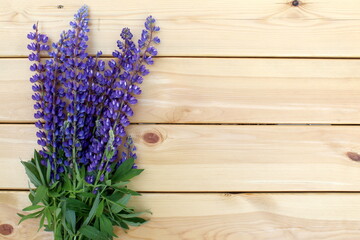 A bouquet of purple lupine lies on a wooden background.