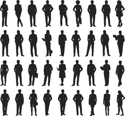 Silhouette of diverse business professionals standing pose, formal outfit vector illustration, corporate team icon set for office, presentation, and leadership concept