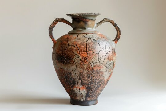 Ancient clay amphora standing on white background with orange crackle glaze