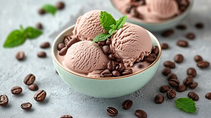 Delicate scoops of coffee ice cream garnished with mint leaves.