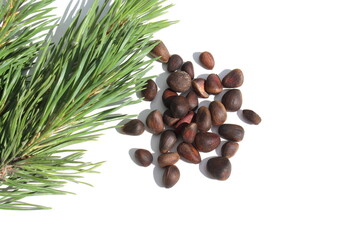  There is a pile of unpeeled pine nuts on a white background.