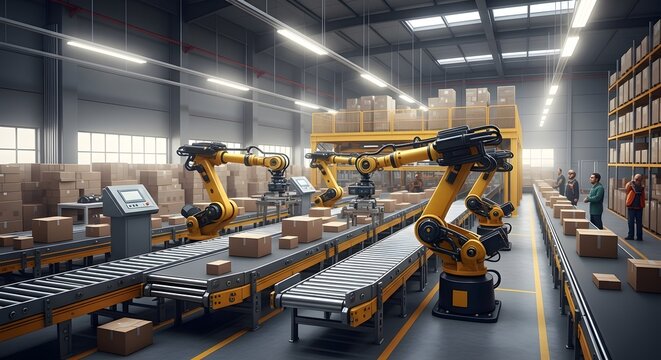 Automated warehouse robotics sorting packages