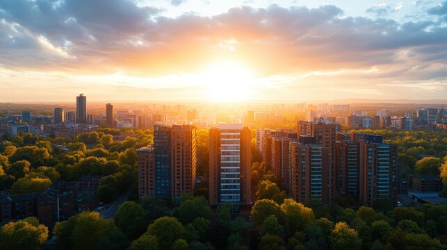 Stunning aerial view of a modern cityscape du sunset with tall residential buildings and lush green trees