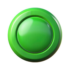 A glossy vibrant green circular button with a raised rim and a smooth reflective surface isolated on a white background